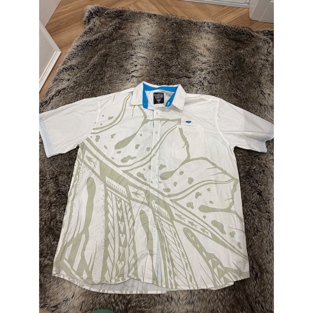 Tanoa Samoa Mens 3XL White Cotton Polynesian Tribal Print Button Down Shirt